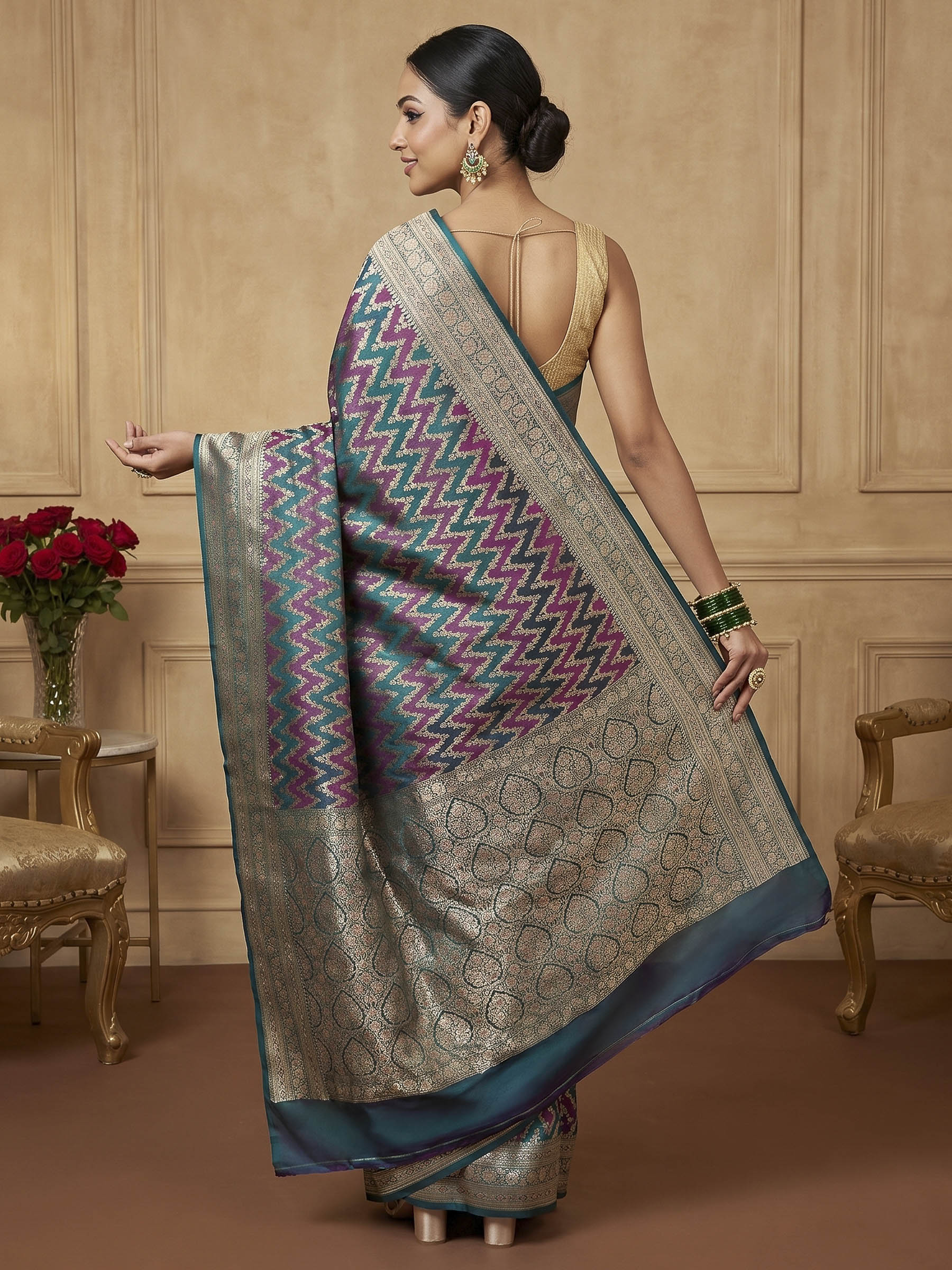 Rama Green Woven Design Satin Saree