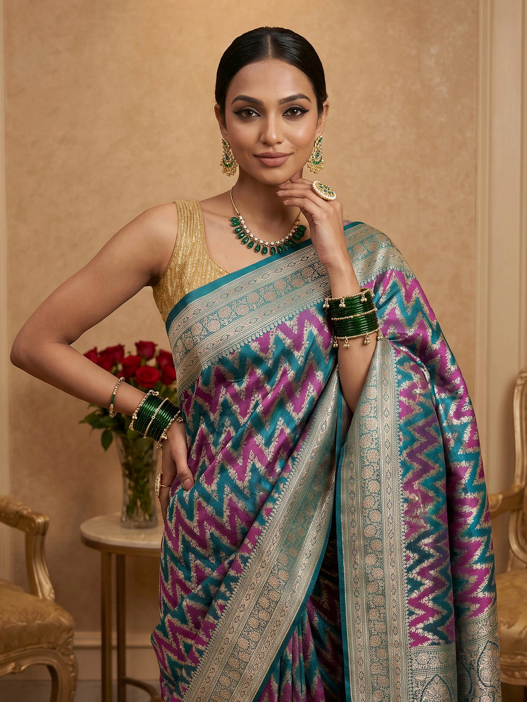 Rama Green Woven Design Satin Saree