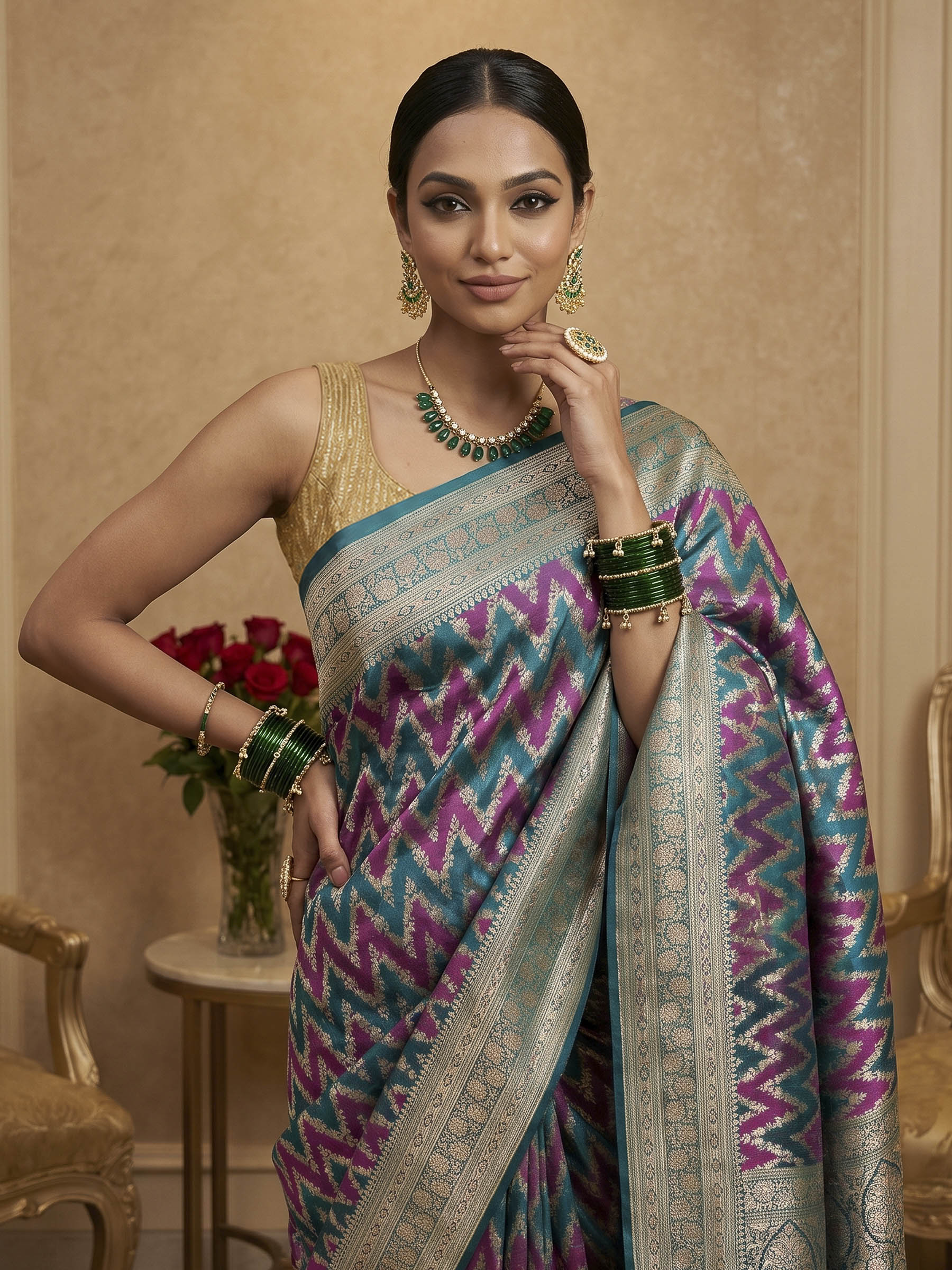 Rama Green Woven Design Satin Saree