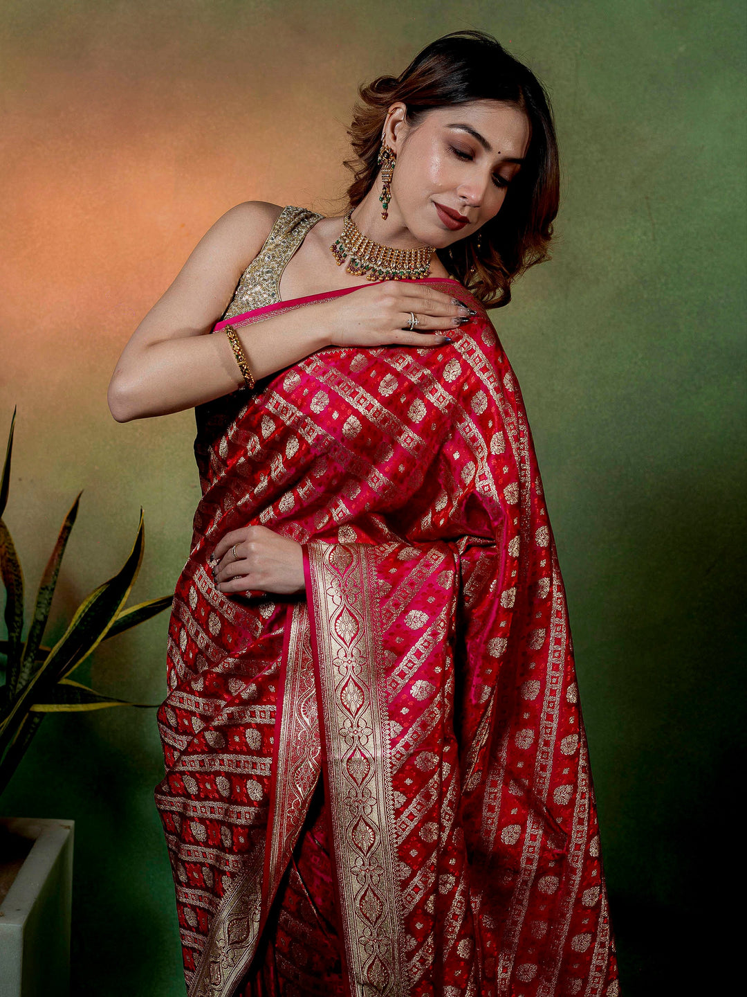 Pink Woven Design Satin Saree