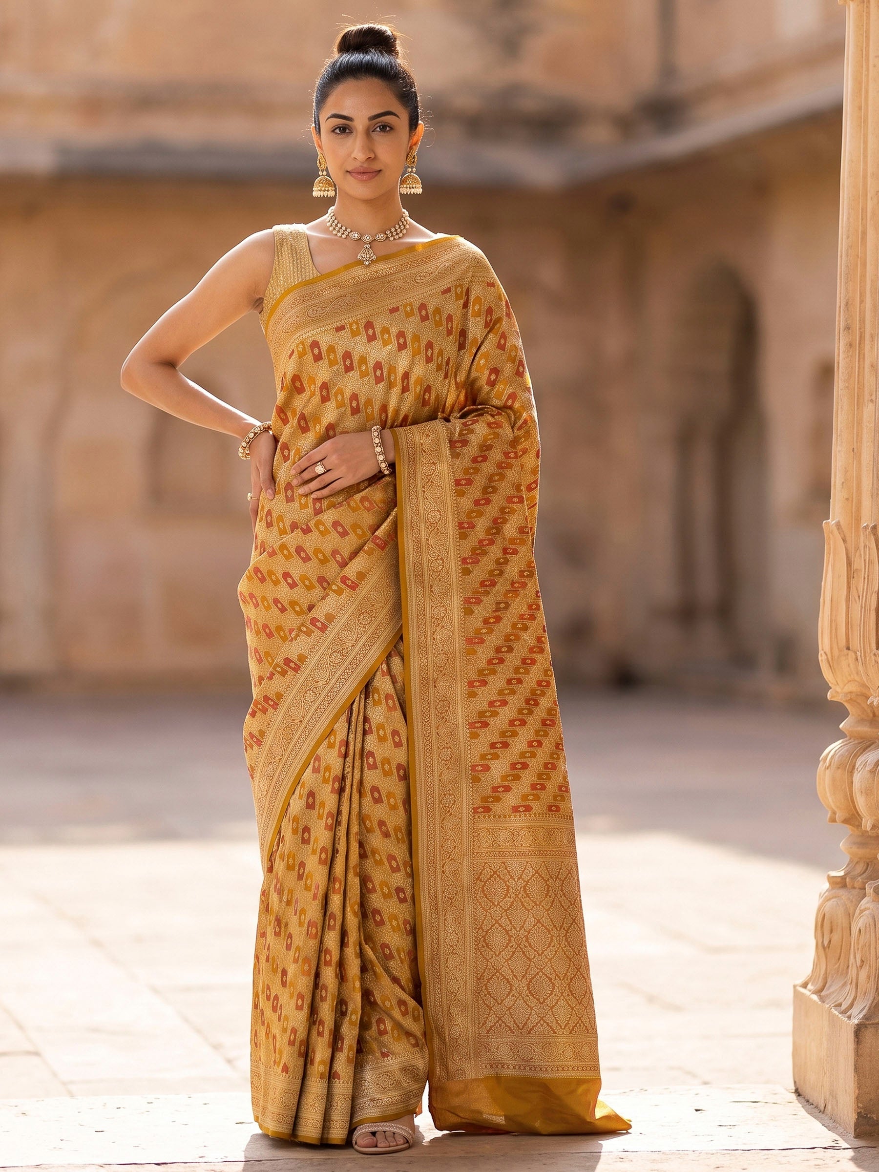 Mustard Woven Design Satin Saree