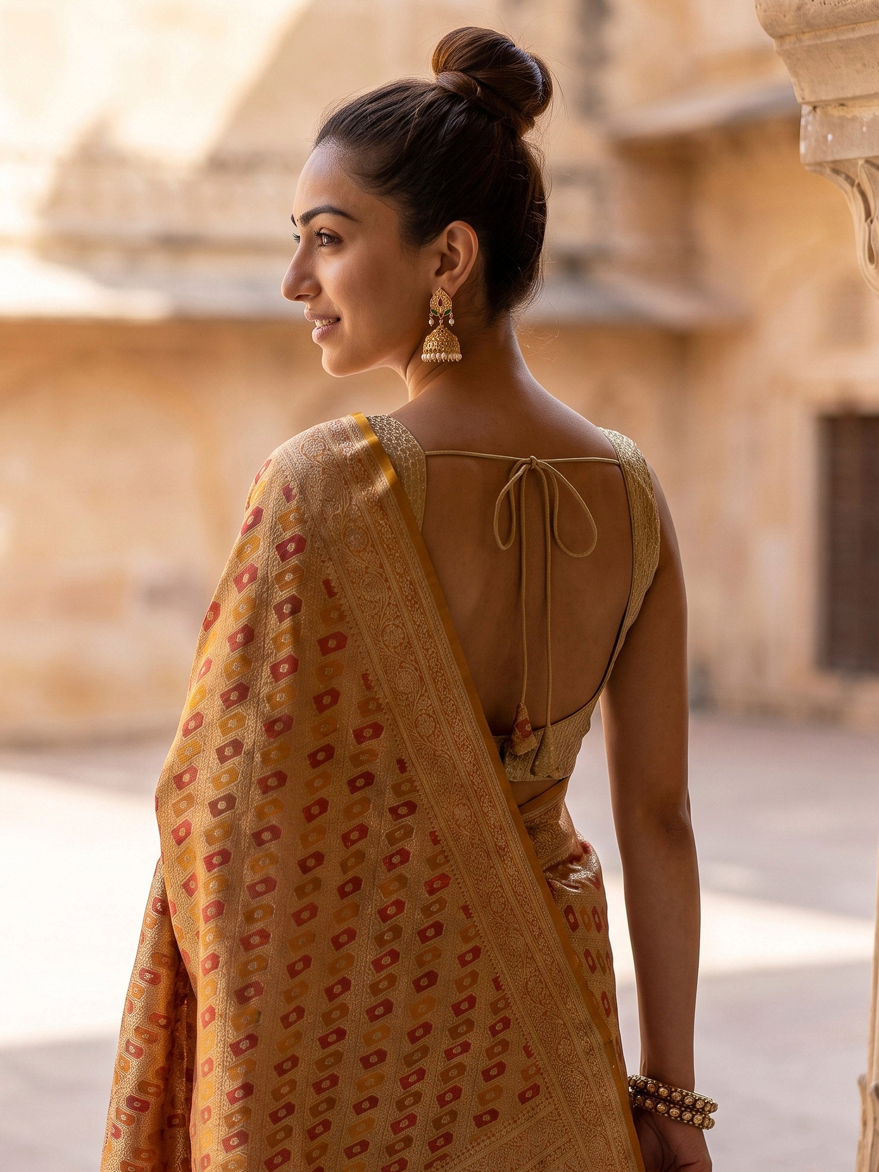 Mustard Woven Design Satin Saree