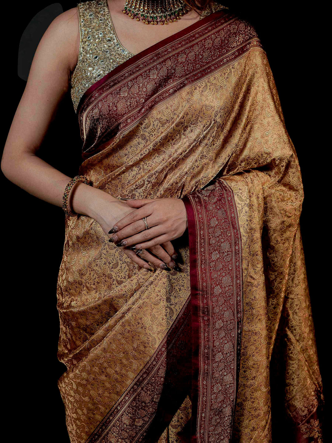 Beige Woven Design Satin Saree