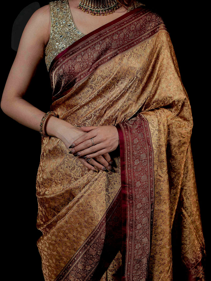 Beige Woven Design Satin Saree
