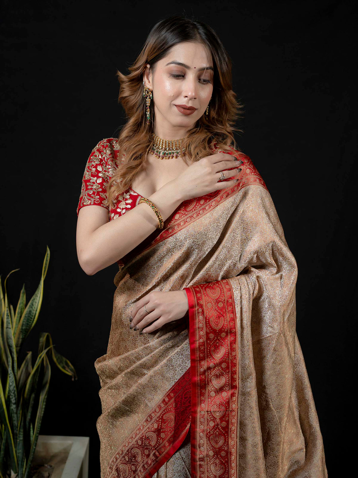Beige Woven Design Satan Saree