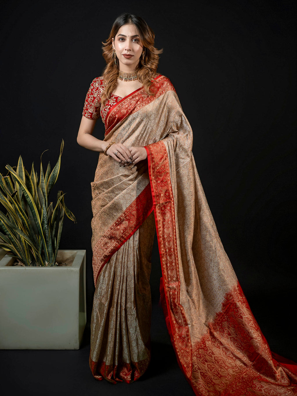 Beige Woven Design Satan Saree