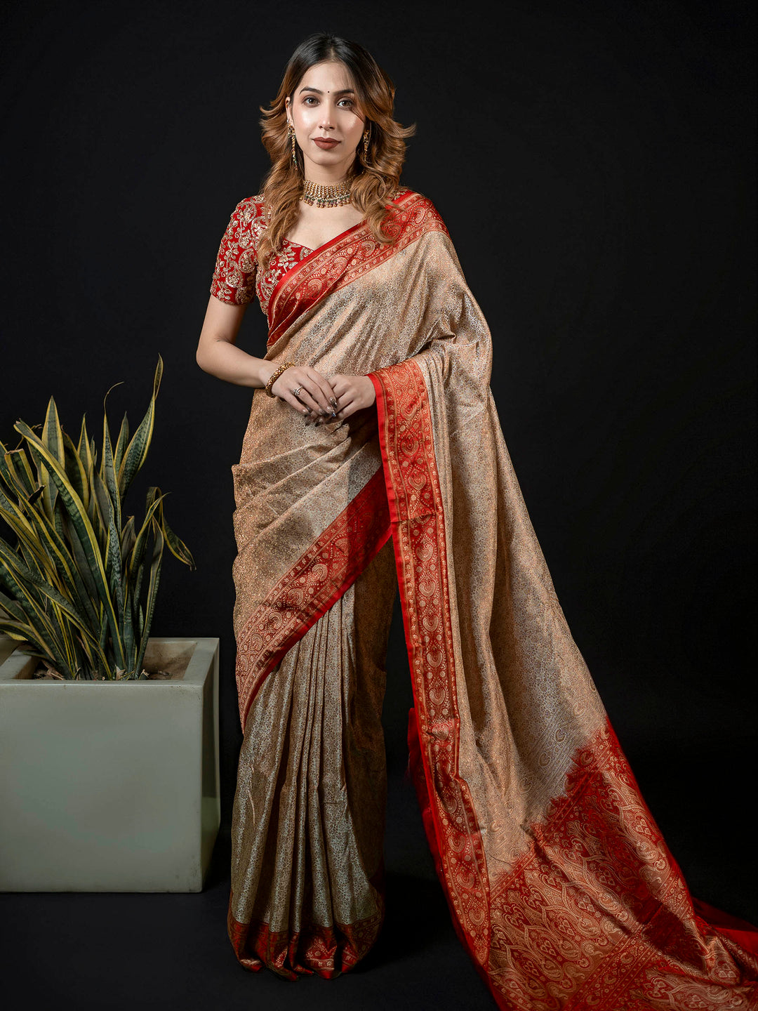 Beige Woven Design Satan Saree