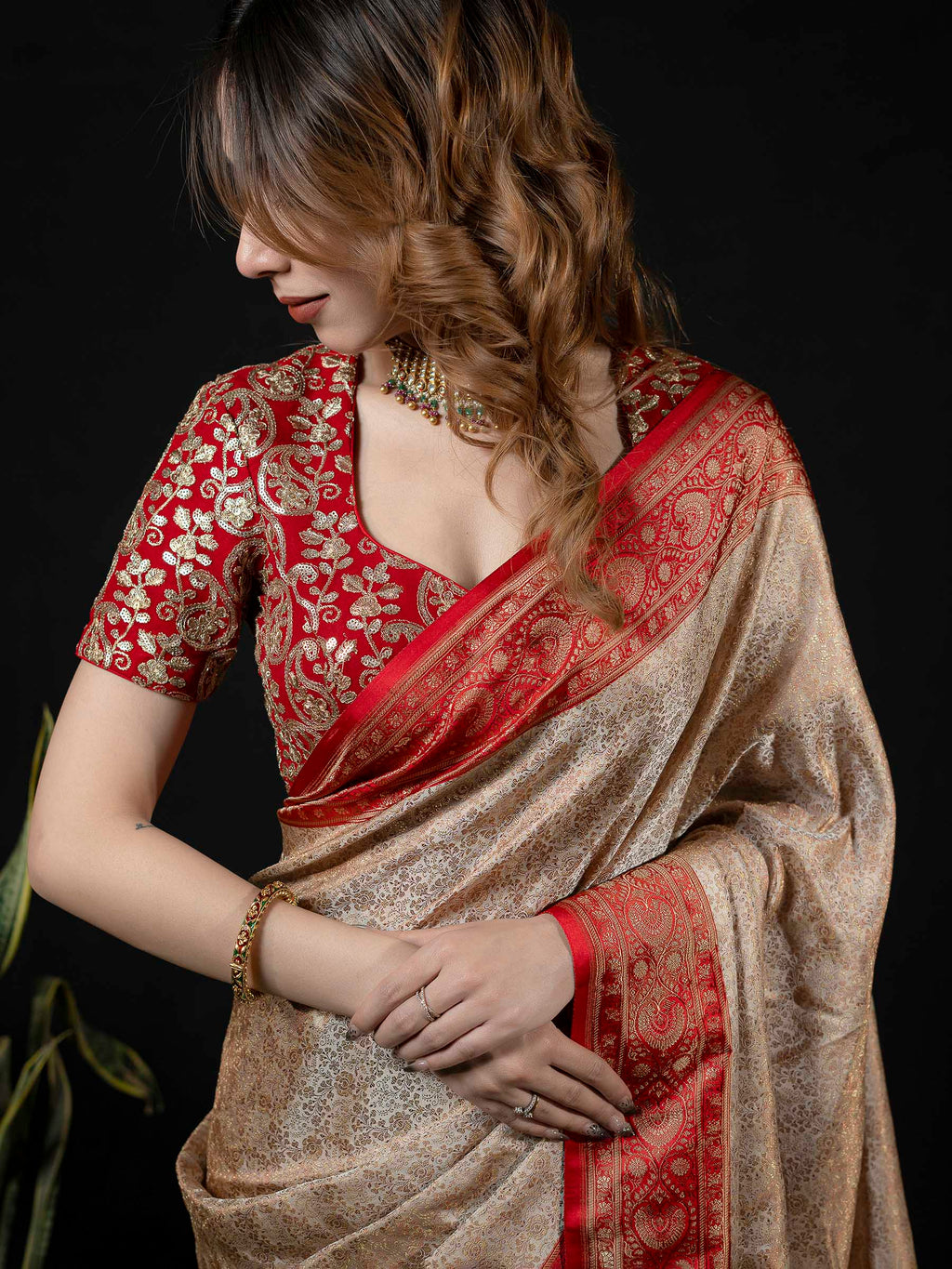 Beige Woven Design Satan Saree