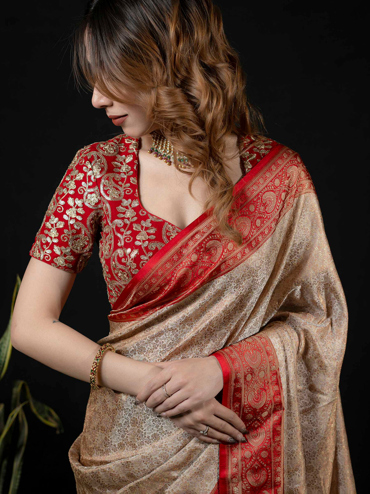 Beige Woven Design Satan Saree