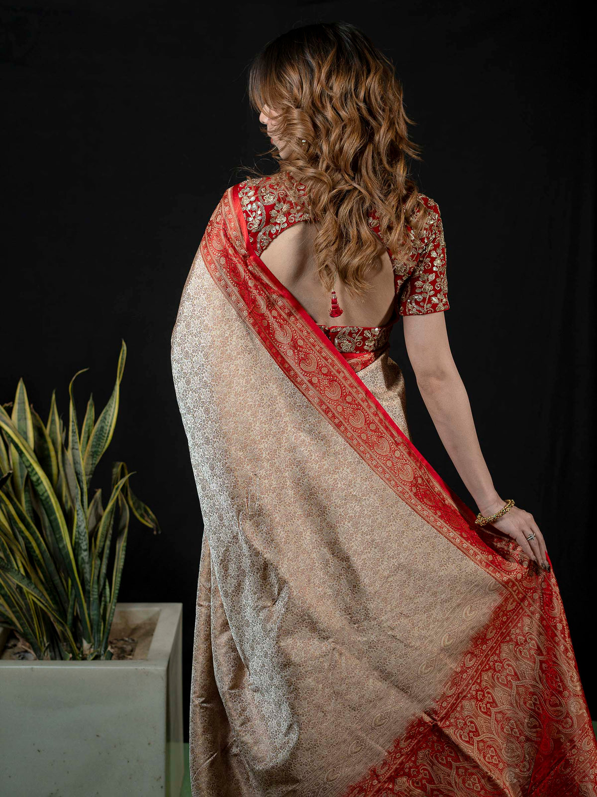 Beige Woven Design Satan Saree