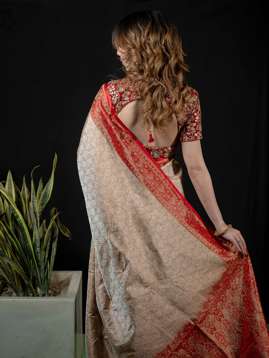 Beige Woven Design Satan Saree