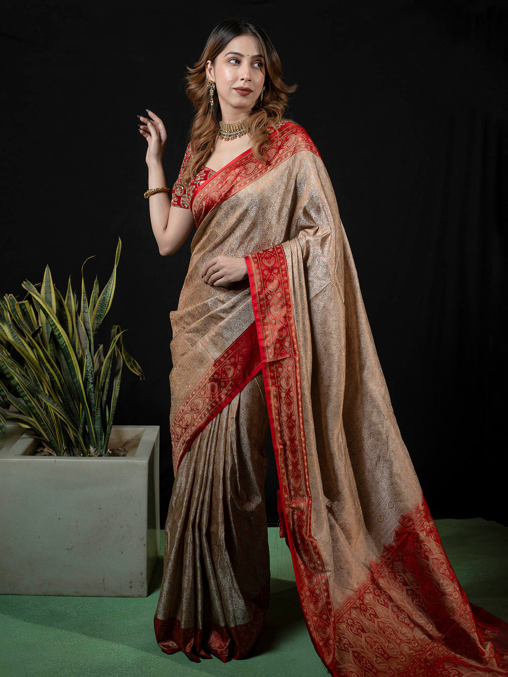 Beige Woven Design Satan Saree