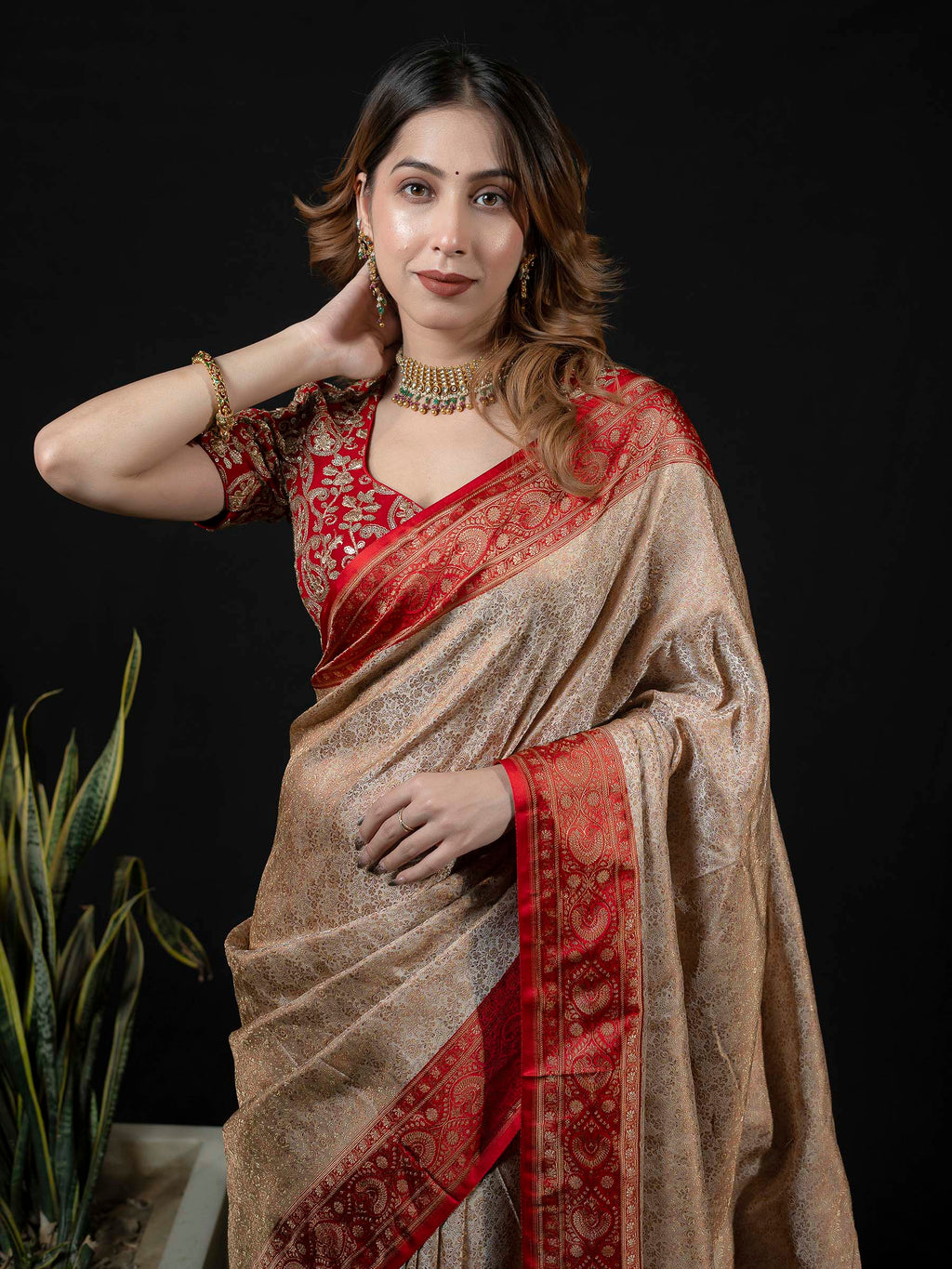 Beige Woven Design Satan Saree