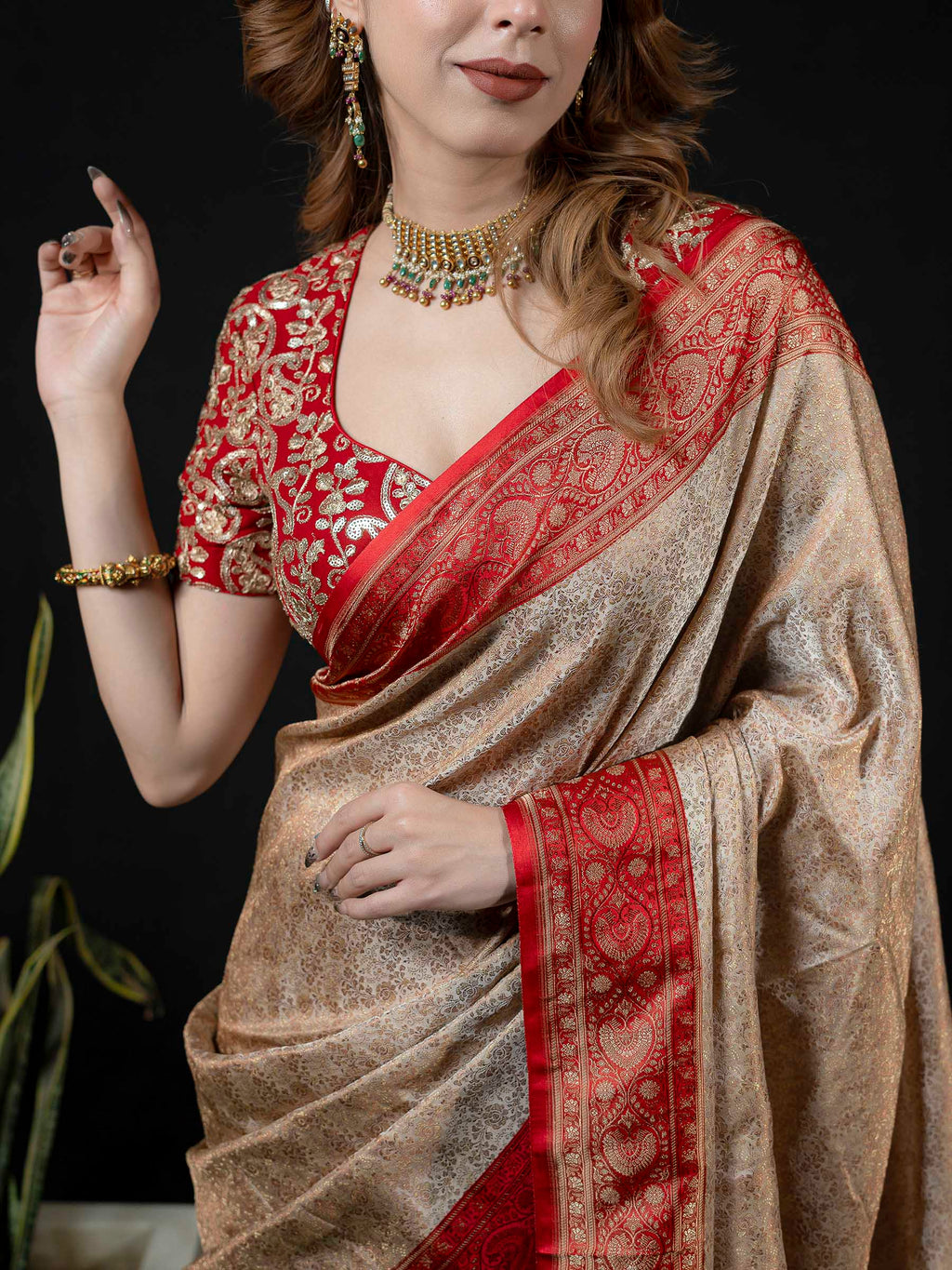 Beige Woven Design Satan Saree