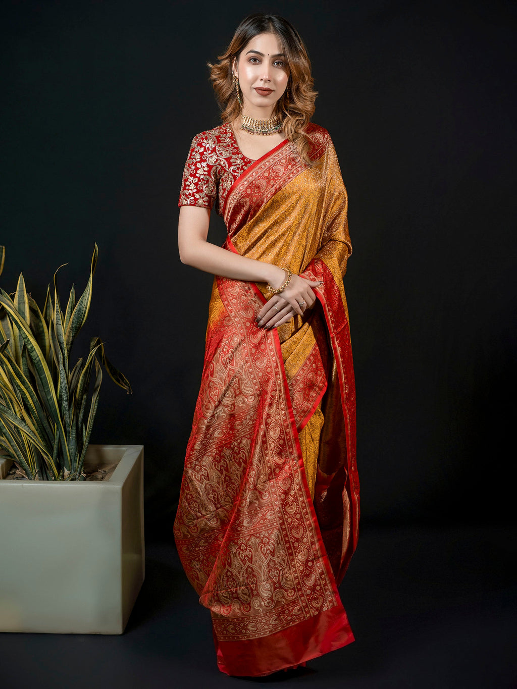 Mustard Woven Design Satan Saree