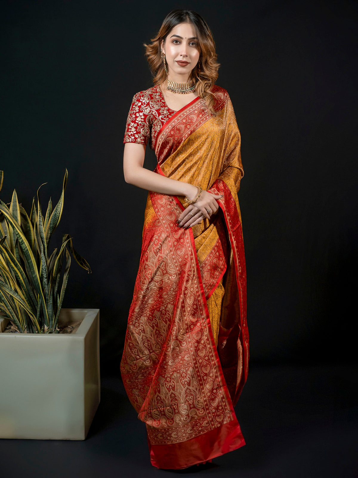 Mustard Woven Design Satan Saree
