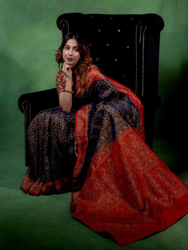 Navy-Blue Woven Design Satin Saree