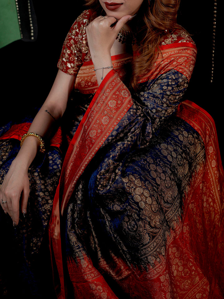 Navy-Blue Woven Design Satin Saree