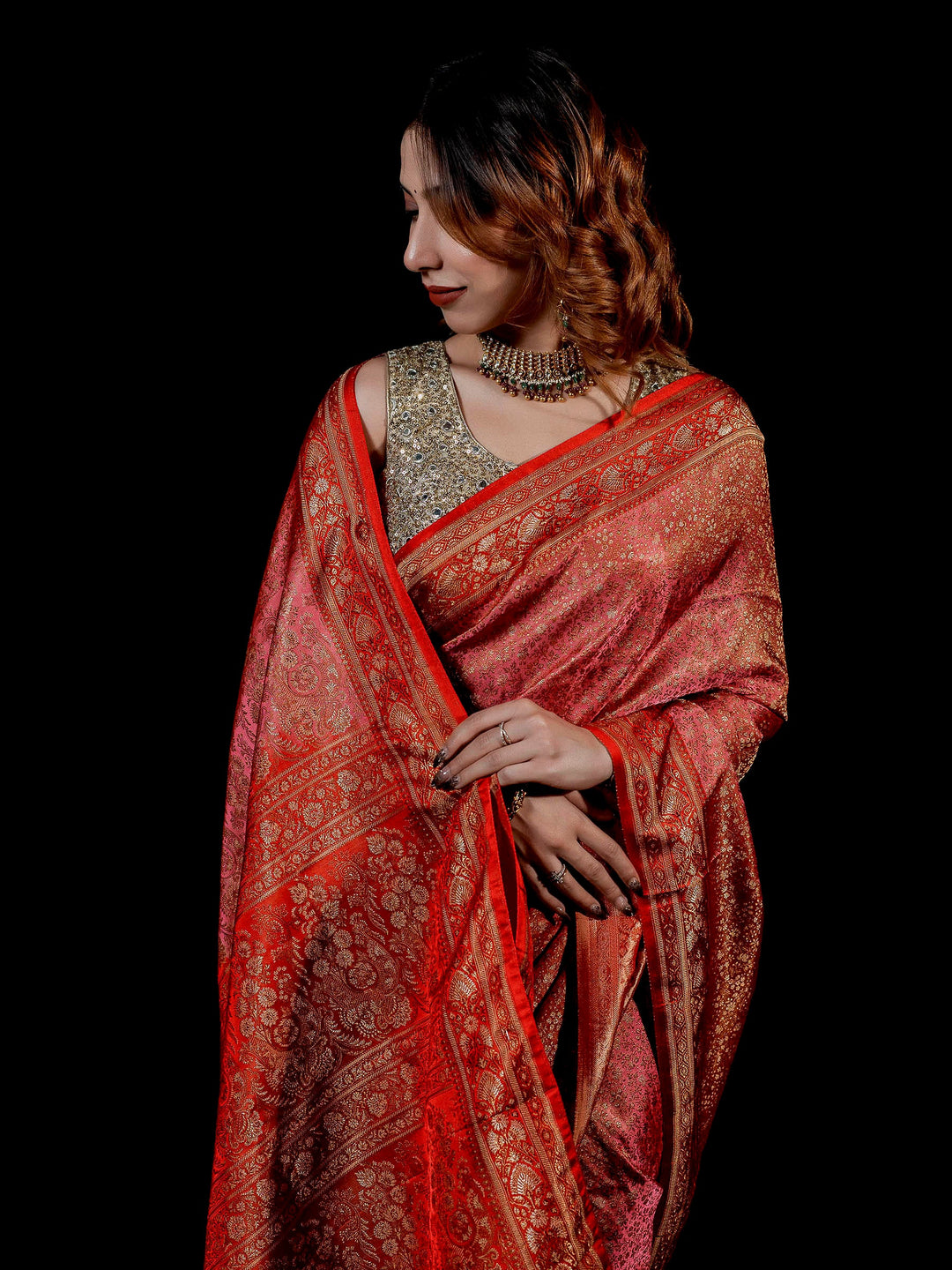 Pink Woven Design Satin Saree