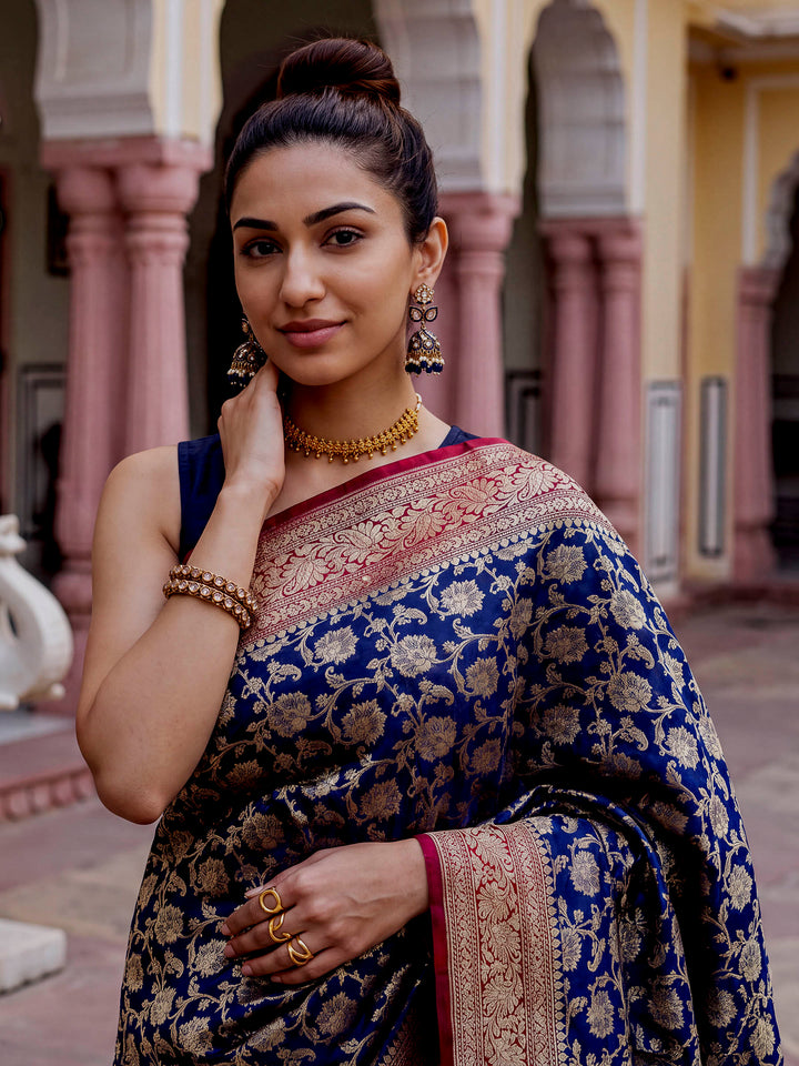 Navy-Blue Woven Design Georgette Saree