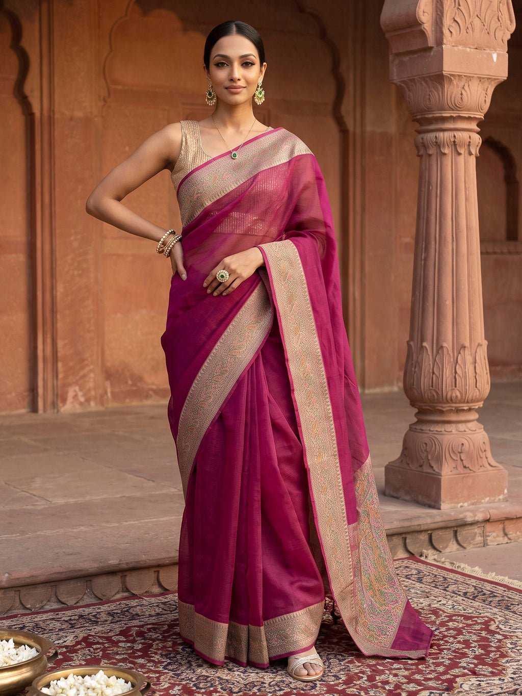 Magenta Woven Design Cotton Blend Saree
