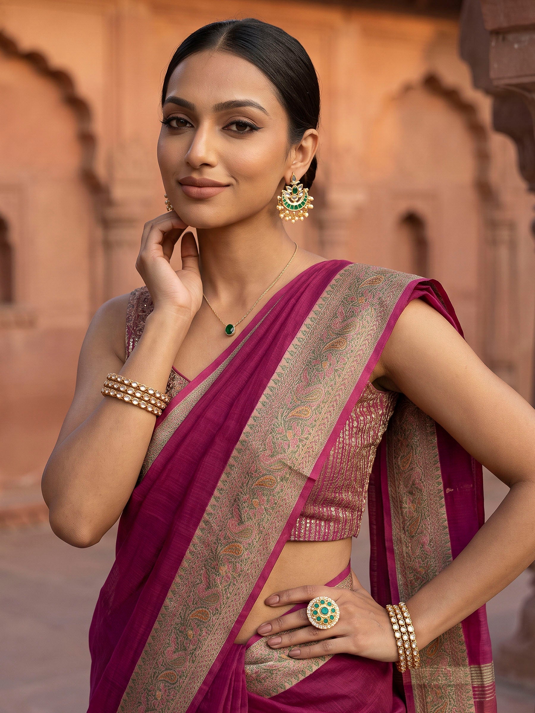 Magenta Woven Design Cotton Blend Saree