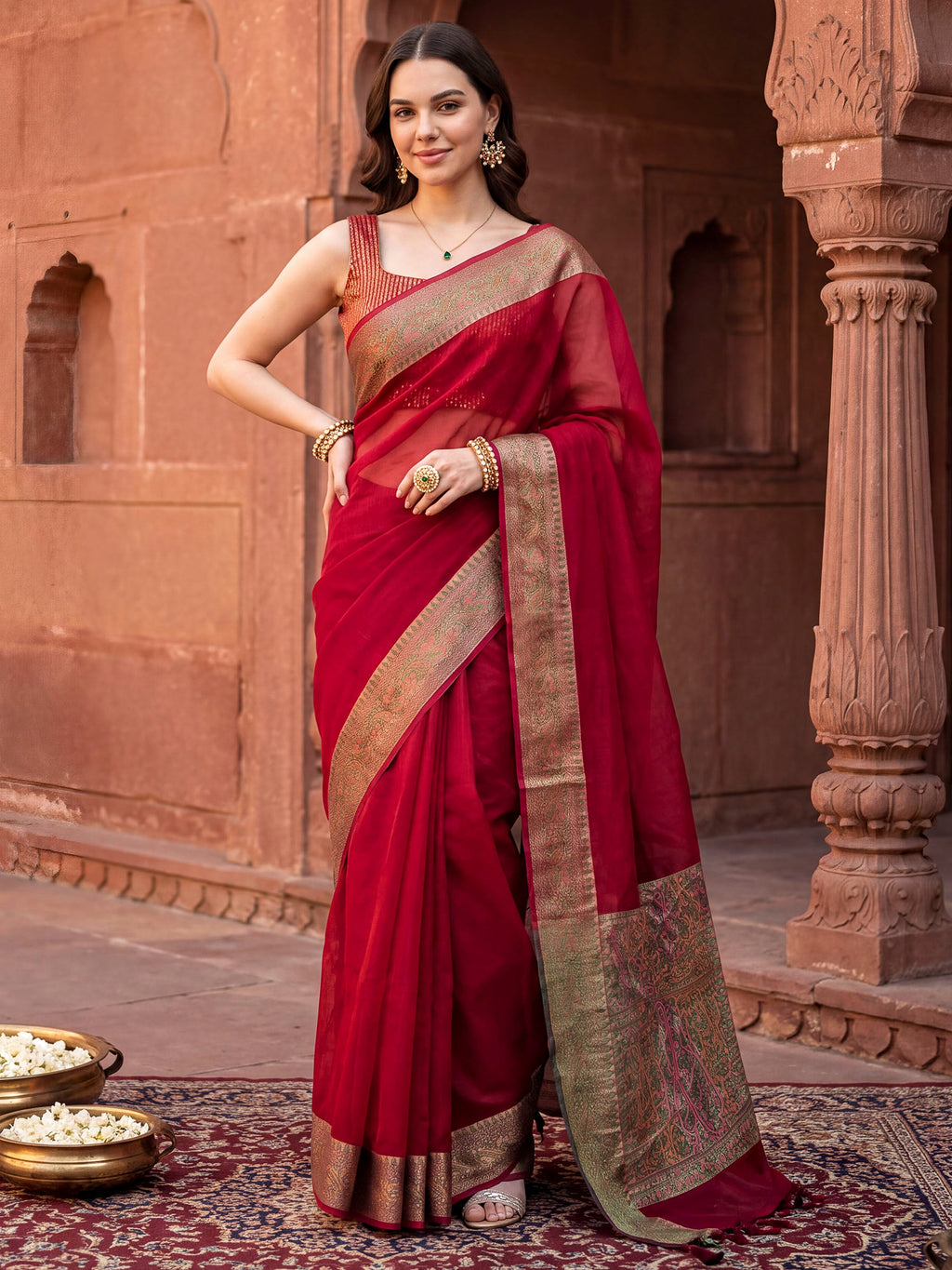 Red Woven Design Cotton Blend Saree