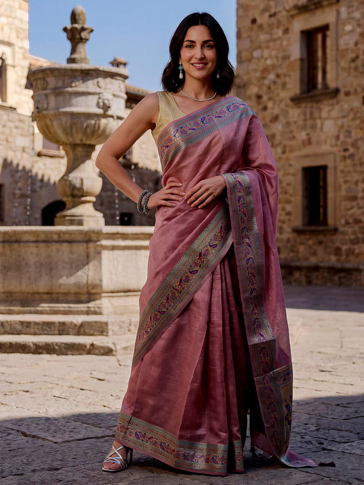 Onion-Pink Woven Design Tussar Saree