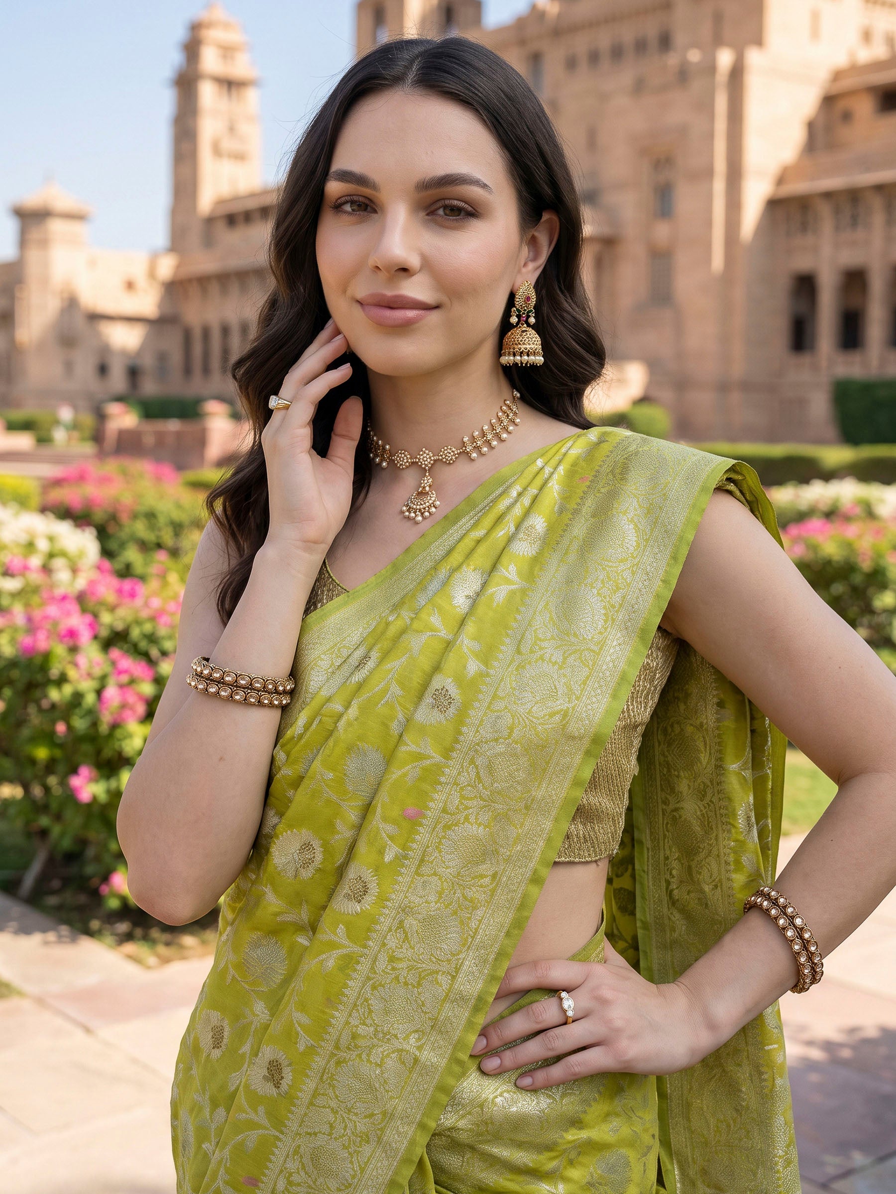 Lime Green Woven Design Banarasi Saree