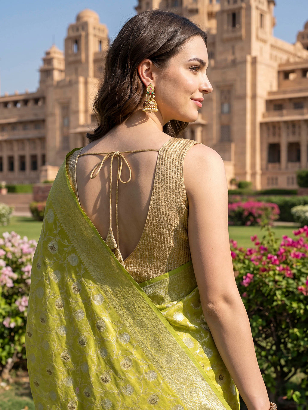 Lime Green Woven Design Banarasi Saree
