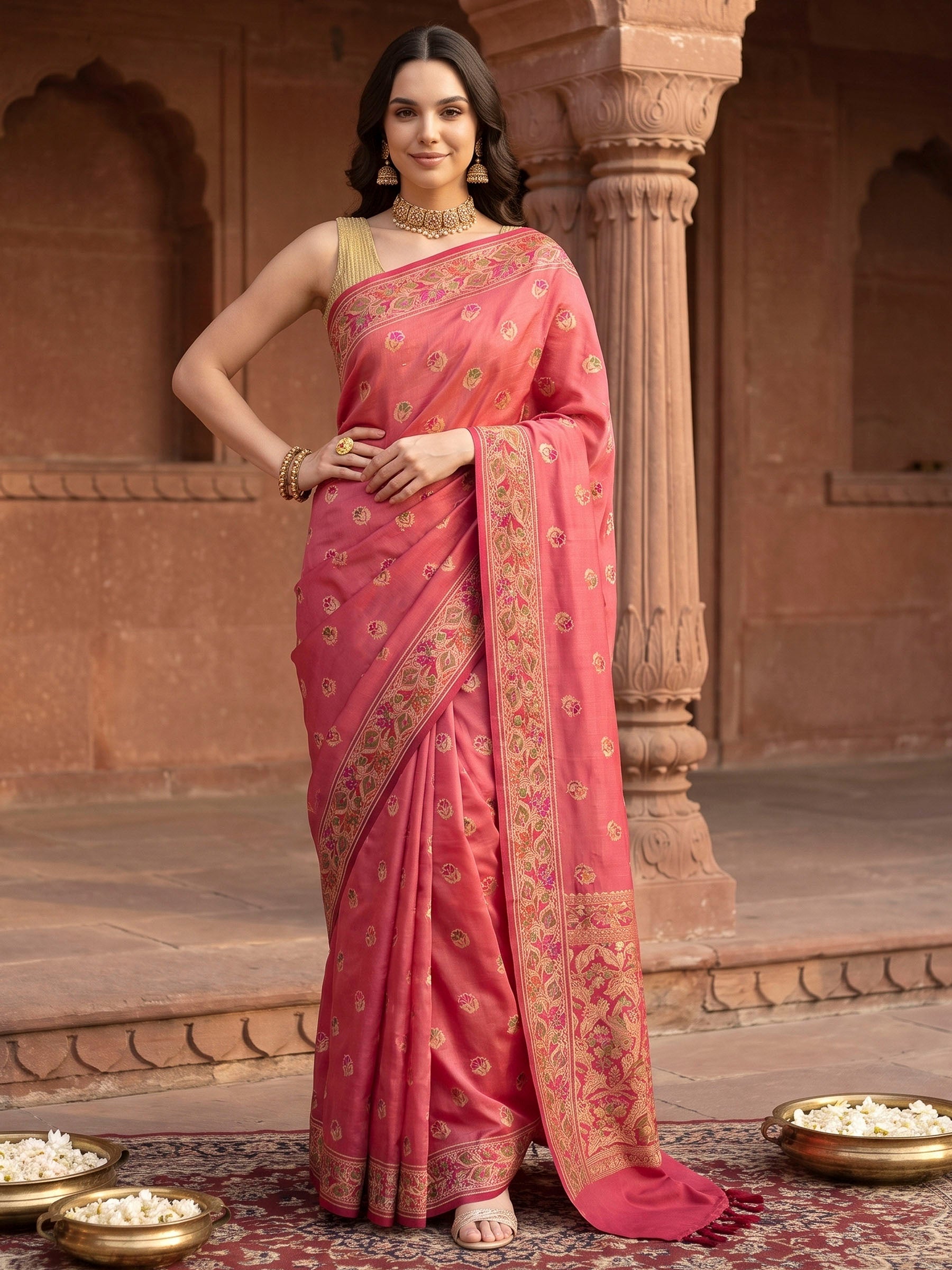 Peach Woven Design Banarasi Saree