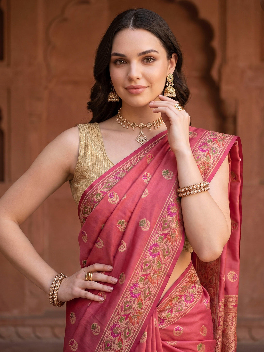 Peach Woven Design Banarasi Saree