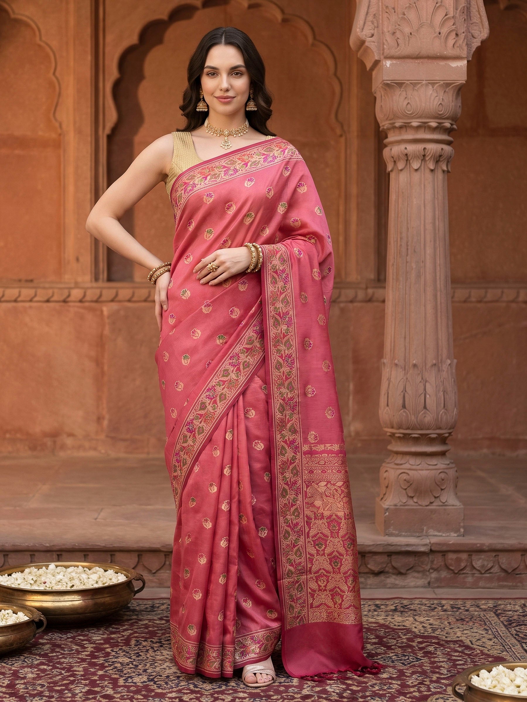 Peach Woven Design Banarasi Saree