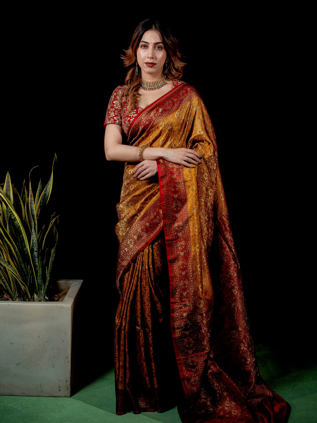 Mustard Woven Design Satin Saree