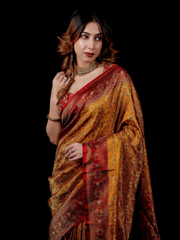 Mustard Woven Design Satin Saree