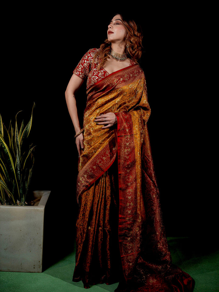 Mustard Woven Design Satin Saree