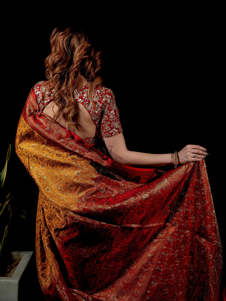 Mustard Woven Design Satin Saree