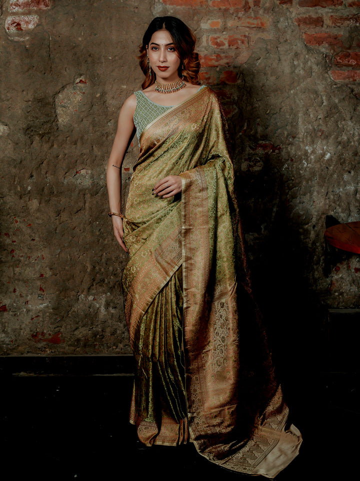 Pista-Green Woven Design Satin Saree