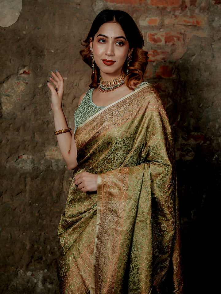 Pista-Green Woven Design Satin Saree