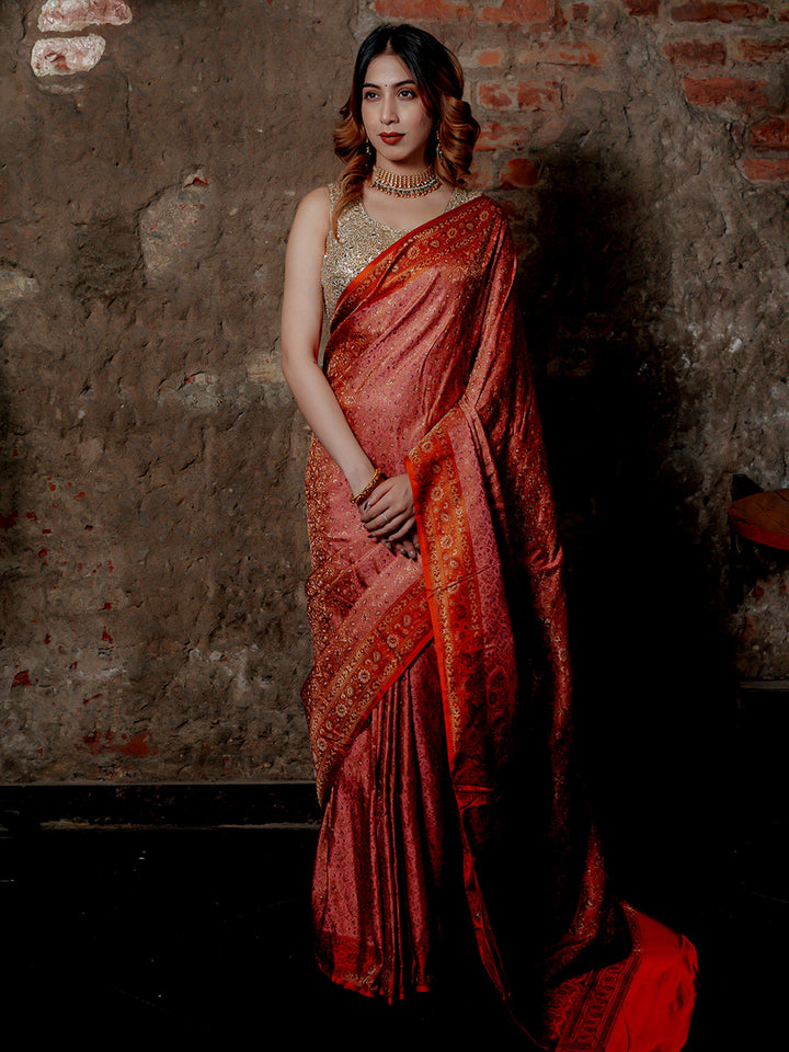 Pink Woven Design Satin Saree