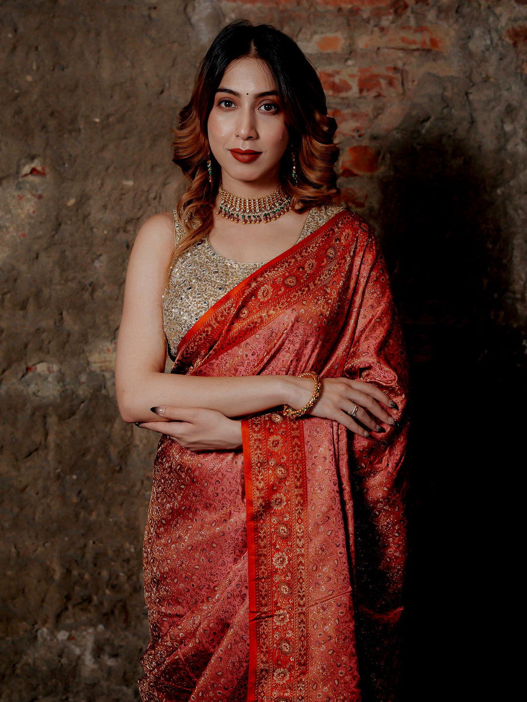 Pink Woven Design Satin Saree