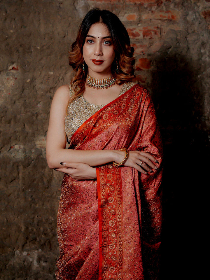 Pink Woven Design Satin Saree