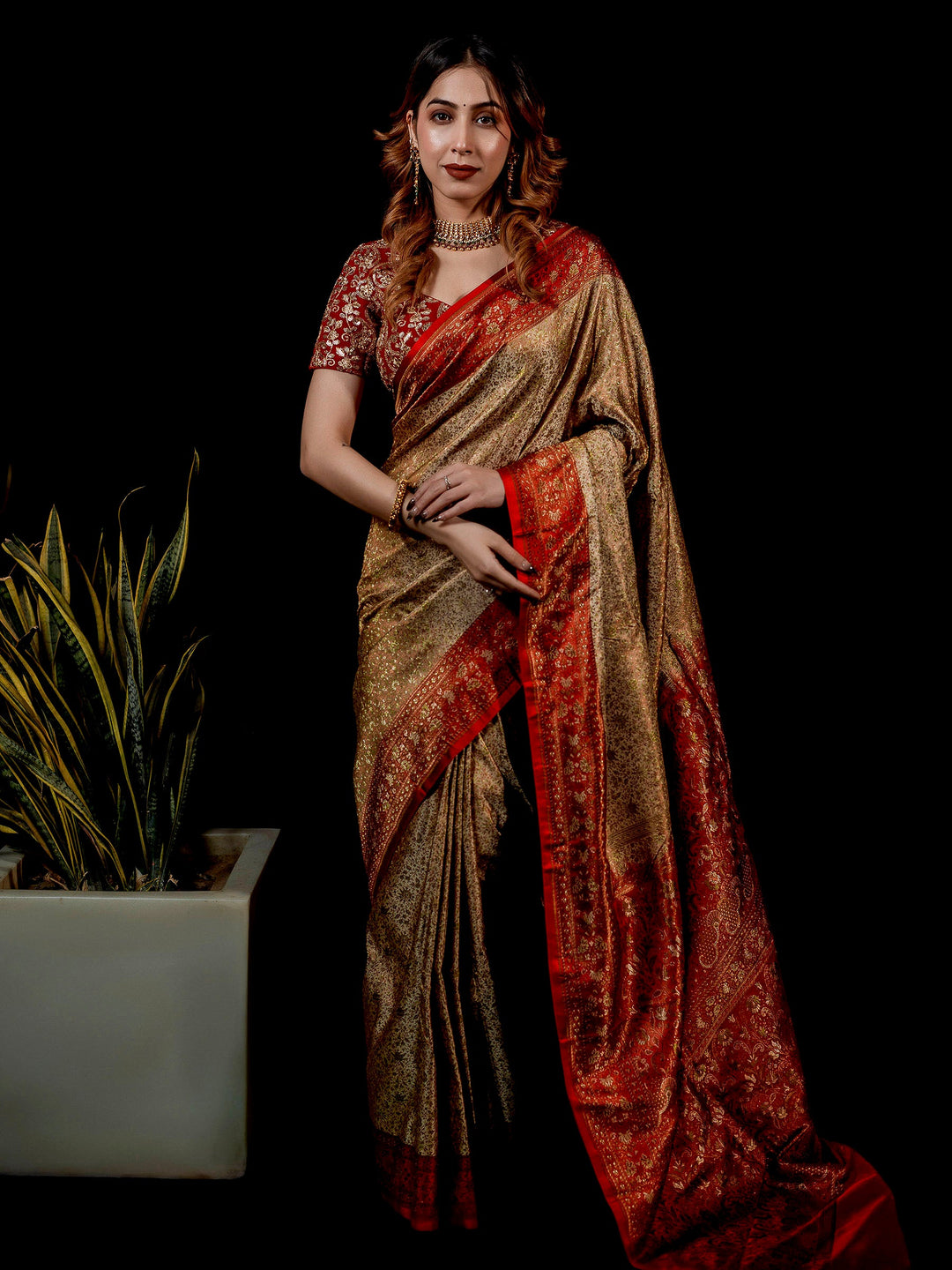 Beige Woven Design Satin Saree