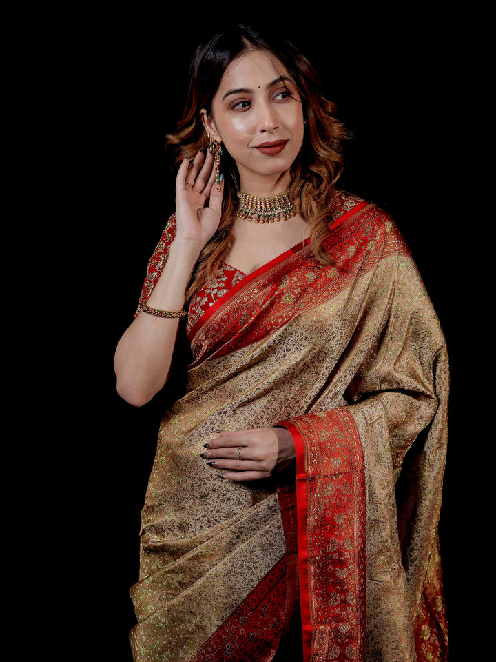 Beige Woven Design Satin Saree
