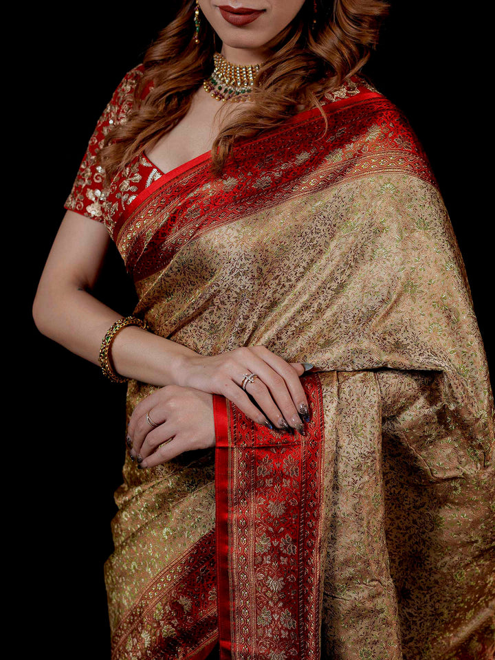 Beige Woven Design Satin Saree