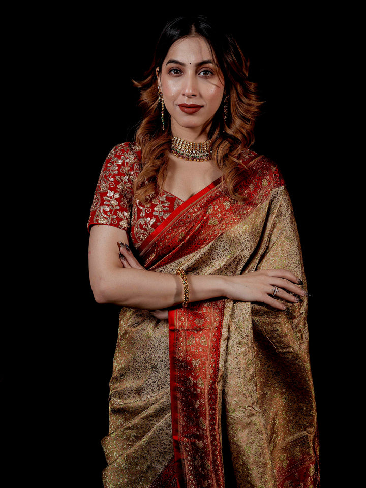 Beige Woven Design Satin Saree