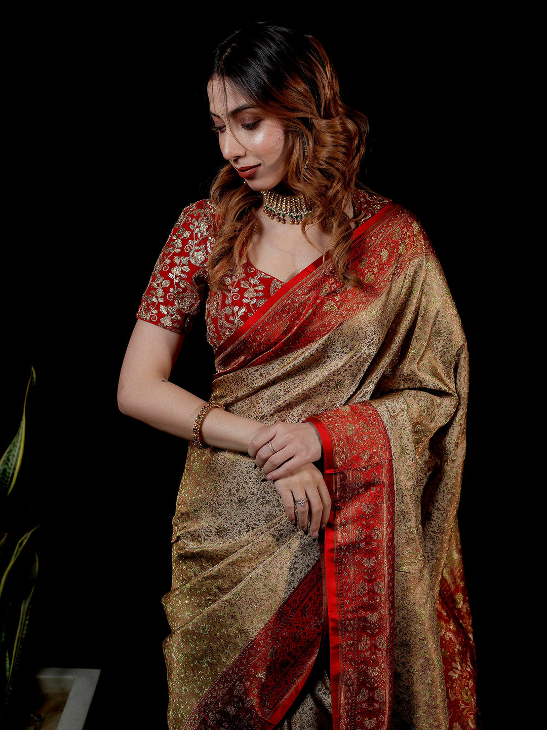 Beige Woven Design Satin Saree