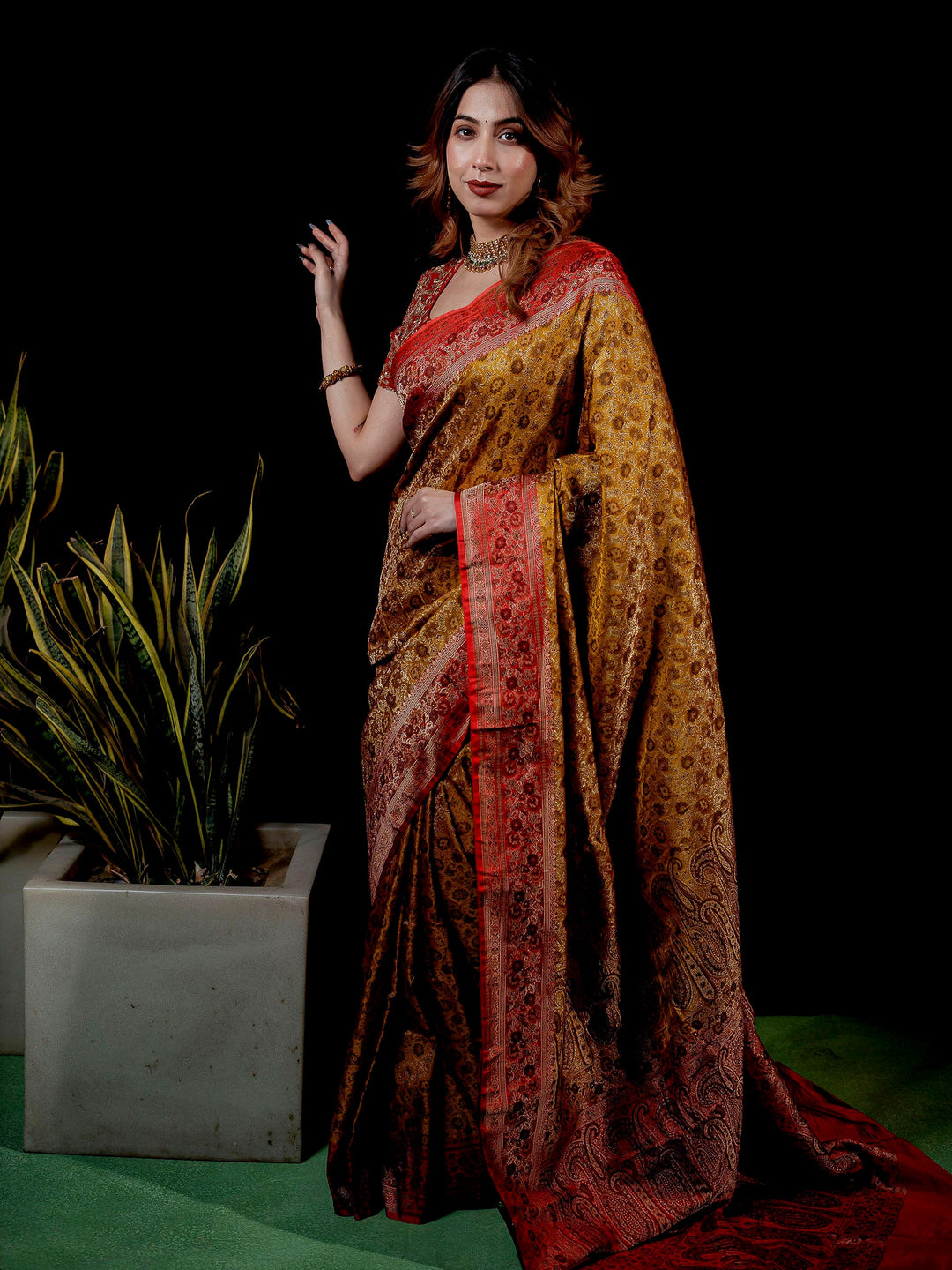 Lemon Woven Design Satin Saree