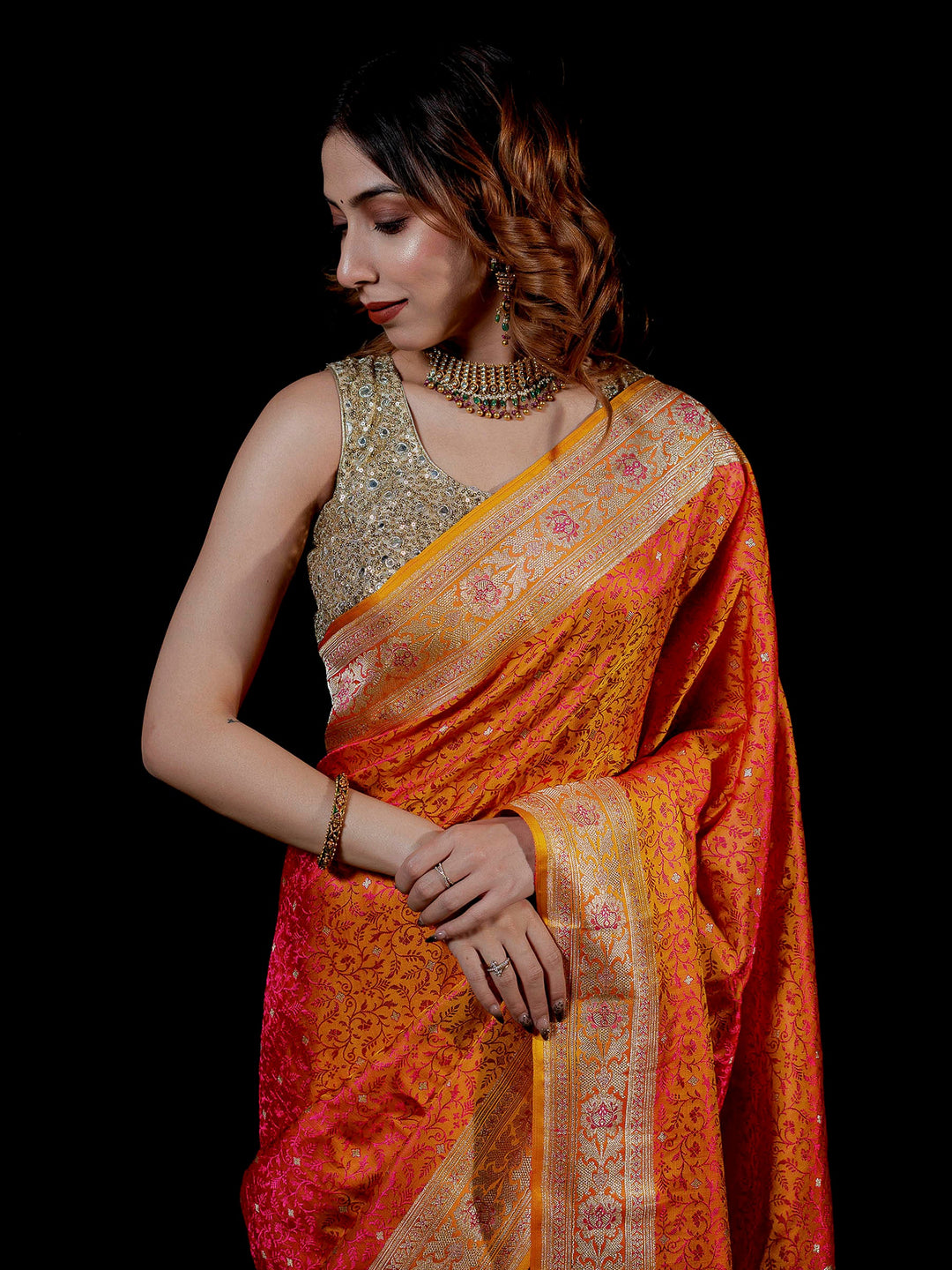 Mustard Woven Design Satin Saree