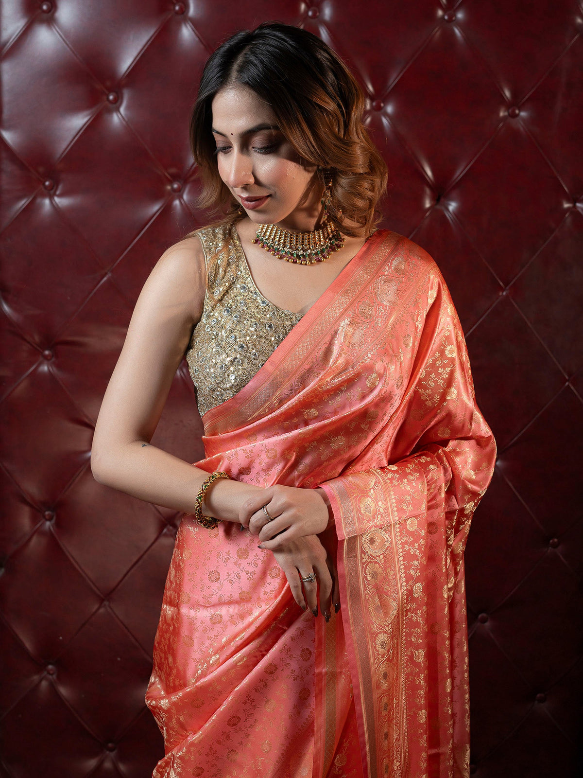 Peach Woven Design Satan Saree